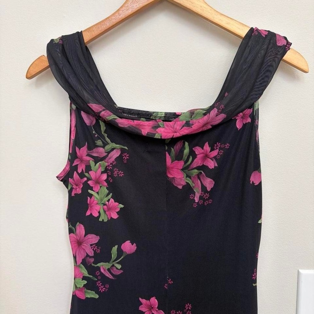 Dark Floral Fairytale Black Pink Maxi Dress Size L Romantic Draped Neck Event - Picture 4 of 8